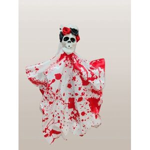 Felakasztható fehér véres virágos fejű koponya, kb 50 cm hosszú, parti kellék, dekoráció - Halloween - ÚJ kép