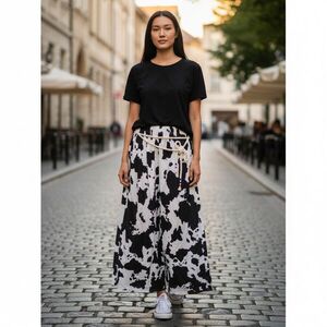 Női fekete-fehér foltos laza nyári nadrág (egyenes szárú, bőszárú), tehén jelmezhez is jó - Italy Moda - ÚJ kép