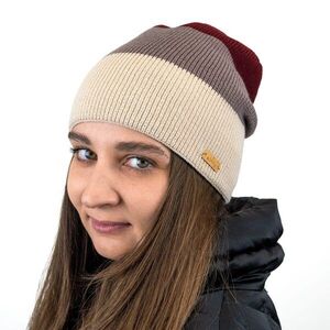Bontis Téli csíkos, lelógó fazonú sapka - Bordó / kasmír / bézs | unisex kép