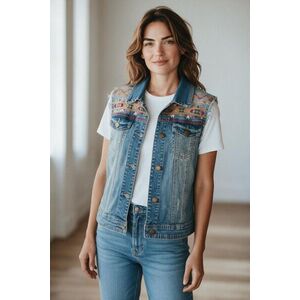 Női M-es kék hímzett farmermellény - The Denim Project kép