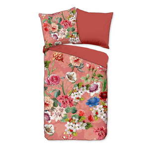 Oranžové obliečky na jednolôžko z organickej bavlny Descanso Flowery, 140 x 220 cm vyobraziť