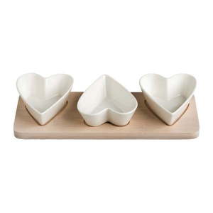 Sada 3 servírovacích misiek z porcelánu na bambusovom podnose Brandani Hearts vyobraziť