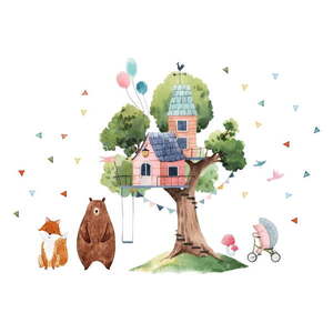 Detská samolepka na stenu Ambiance Giant Tree and the Hut of Happiness, 90 x 120 cm vyobraziť