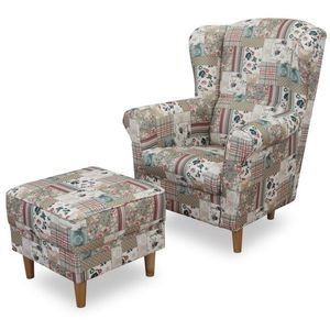 KONDELA Astrid kreslo (ušiak) s taburetkou vzor patchwork Viorica 1 vyobraziť