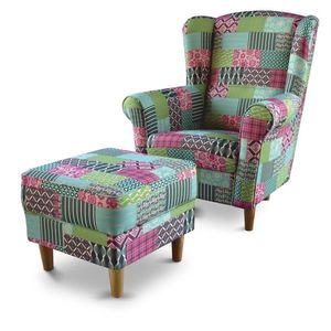 KONDELA Astrid kreslo (ušiak) s taburetkou vzor patchwork M1 vyobraziť