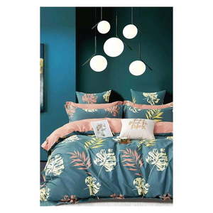 Predĺžené obliečky na dvojlôžko s plachtou v petrolejovej farbe 200x220 cm Leaf – Mila Home vyobraziť