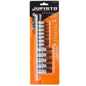 Kľúče násadkové s otvorom, Torx, 1/4˝, 35 mm TT 8/10/15/20/25/27/30, 3/8˝, 50 mm TT 40/45/47/50/55, sada 12 ks, Jufisto vyobraziť