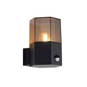 Vonkajšia nástenná lampa čierna s dymovým sklom hexagon a senzorom pohybu - Denmark vyobraziť