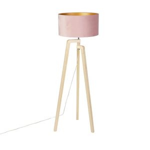 Stojaca lampa trojnožka drevo s ružovým zamatovým tienidlom 50 cm - Puros vyobraziť