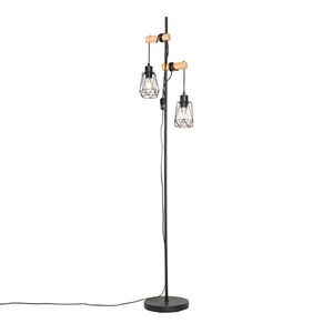 Rustikálna stojaca lampa čierna s drevom 2-svetlo s tienidlom - Dami Frame vyobraziť