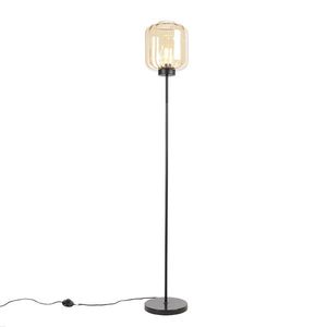 Dizajnová stojaca lampa čierna s jantárovým sklom - Qara vyobraziť