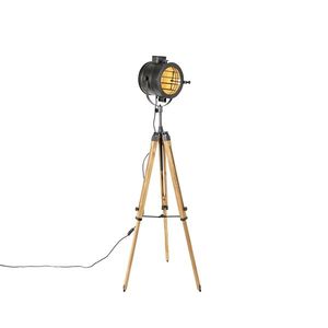 Trojnohý stojaca lampa čierna s dreveným štúdiovým svetlom - Radient vyobraziť