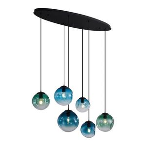 Art Deco závesná lampa čierna s oválnou stropnou doskou a zeleným a modrým sklom 6-svetiel - Douglass vyobraziť