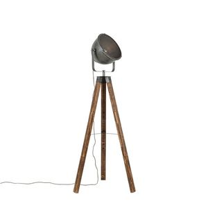 Priemyselná stojaca lampa trojnožka oceľ s dreveným sklonom - Emado vyobraziť