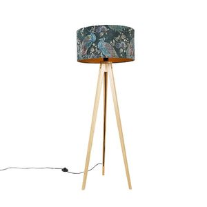 Moderná stojaca lampa drevená s látkovým tienidlom čierny páv 50 cm - Tripod Classic vyobraziť