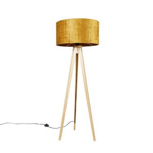 Stojaca lampa drevená s látkovým tienidlom zlatá 50 cm - Tripod Classic vyobraziť
