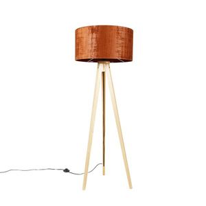 Stojaca lampa drevená s oranžovým textilným tienidlom 50 cm - Tripod Classic vyobraziť