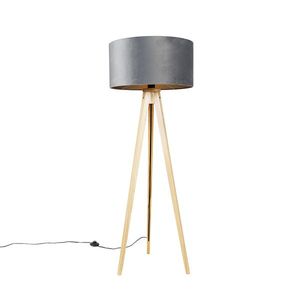 Stojaca lampa drevená s sivým textilným tienidlom 50 cm - Tripod Classic vyobraziť
