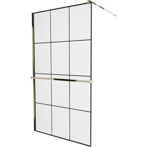 MEXEN/S - KIOTO Sprchová zástena WALK-IN s poličkou a držiakom uterákov 110 x 200, transparent/čierna 8 mm, zlatá 800-110-121-50-77 vyobraziť