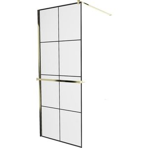 MEXEN/S - KIOTO Sprchová zástena WALK-IN s poličkou a držiakom uterákov 80 x 200, transparent/čierna 8 mm, zlatá 800-080-121-50-77 vyobraziť