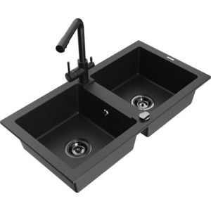 MEXEN/S - Mario granitový drez 2-bowl vrátane batérie Duero, čierna/strieborná metalík 6504-73-671600-70-B vyobraziť