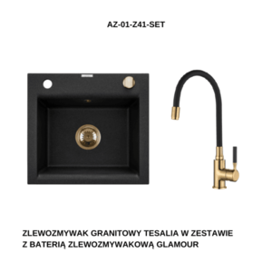 INVENA INVENA - Granitový drez TESALIA, čierny s automatickým sifónom, zlatý + batéria GLAMOUR AZ-01-Z41-SET vyobraziť
