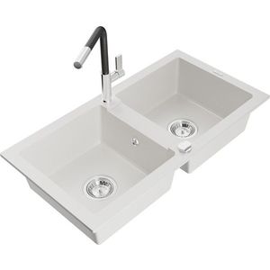 MEXEN/S - Mario granitový drez 2-bowl vrátane batérie Flora, biela 6504-20-670401-07 vyobraziť