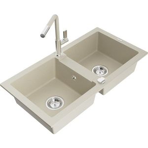 MEXEN/S - Mario granitový drez 2-bowl vrátane batérie Flora, béžová 6504-69-670401-09 vyobraziť