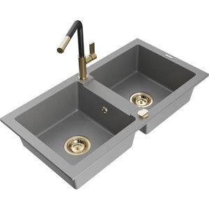 MEXEN/S - Mario granitový drez 2-bowl vrátane batérie Flora, šedá 6504-71-670401-57-G vyobraziť