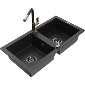MEXEN/S - Mario granitový drez 2-bowl vrátane batérie Flora, čierna/strieborná metalík 6504-73-670401-57-B vyobraziť