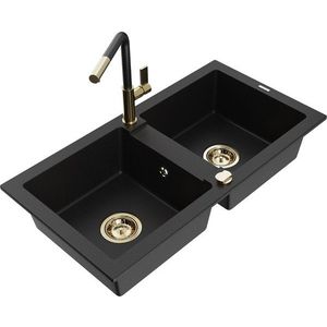 MEXEN/S - Mario granitový drez 2-bowl vrátane batérie Flora, čierna 6504-77-670401-57-G vyobraziť