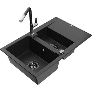 MEXEN/S - Gaspar granitový drez 1.5 s odkvapkávačom vrátane batérie Flora, čierna/strieborná 6507-73-670401-07-B vyobraziť