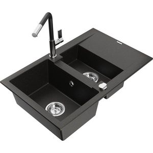 MEXEN/S - Gaspar granitový drez 1.5 s odkvapkávačom vrátane batérie Flora, čierna/zlatá metalik 6507-75-670401-07 vyobraziť