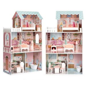 Drevený domček pre bábiky ECOTOYS: BARBIE s nábytkom ružový vyobraziť