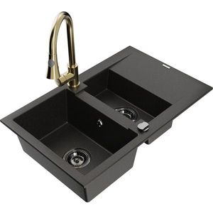 MEXEN/S - Gaspar granitový drez 1.5 s odkvapkávačom vrátane batérie Elia, čierna/zlatá metalik 6507-75-670101-50-B vyobraziť