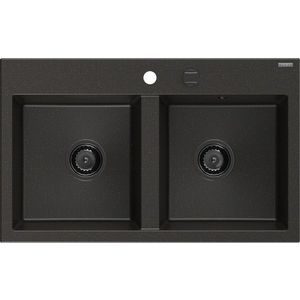 MEXEN/S - Hektor granitový drez 2-bowl 800 x 480 mm, čierna/zlatá metalik, čierny sifón 6521802000-75-B vyobraziť