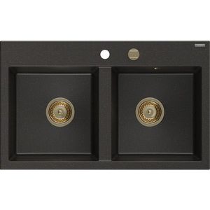 MEXEN/S - Hektor granitový drez 2-bowl 800 x 480 mm, čierna/zlatá metalík, zlatý sifón 6521802000-75-G vyobraziť