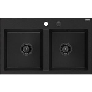 MEXEN/S - Hektor granitový drez 2-bowl 800 x 480 mm, čierna, čierny sifón 6521802000-77-B vyobraziť