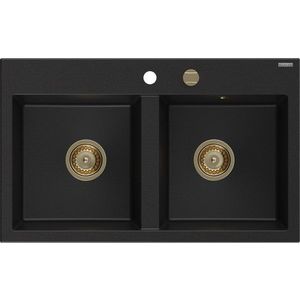 MEXEN/S - Hektor granitový drez 2-bowl 800 x 480 mm, čierna, zlatý sifón 6521802000-77-G vyobraziť