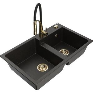 MEXEN/S - Tomas granitový drez 2-bowl vrátane batérie Aster, čierna/zlatá metalik 6516-75-73450-57-G vyobraziť