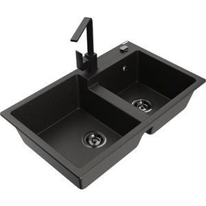 MEXEN/S - Tomas granitový drez 2-bowl vrátane batérie Rita, čierna/zlatá metalik 6516-75-670300-70-B vyobraziť