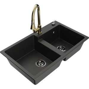 MEXEN/S - Tomas granitový drez 2-bowl vrátane batérie Elia, čierna/zlatá metalik 6516-75-670101-50-B vyobraziť
