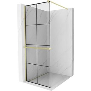 MEXEN/S - Kioto+ Sprchová zástena WALK-IN s poličkou a držiakom uterákov 90 x 200, čierny vzor, zlatá kartáčovaná 800-090-121-55-77 vyobraziť