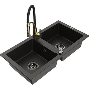 MEXEN/S - Mario granitový drez 2-bowl vrátane batérie Aster, čierna/zlatá metalik 6504-75-73450-57-B vyobraziť
