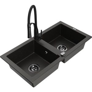 MEXEN/S - Mario granitový drez 2-bowl vrátane batérie Aster, čierna/zlatá metalik 6504-75-73450-70-B vyobraziť