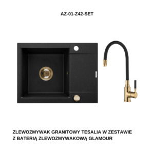 INVENA INVENA - Granitový drez TESALIA krátky odkvap, čierny s automatickým sifónom, zlatý + batéria GLAMOUR AZ-01-Z42-SET vyobraziť