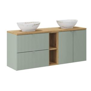 Závesná skrinka Line Reed Green s doskou a umývadlami 140 cm zelená/dub evoke vyobraziť