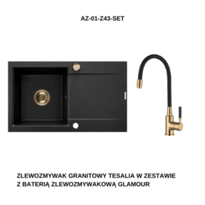 INVENA INVENA - Granitový drez TESALIA dlhý odkvap, čierny s automatickým sifónom, zlatý + batéria GLAMOUR AZ-01-Z43-SET vyobraziť