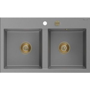 MEXEN/S - Hektor granitový drez 2-bowl 800 x 480 mm, sivá, zlatý sifón 6521802000-71-G vyobraziť