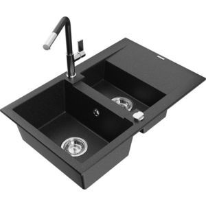 MEXEN/S - Gaspar granitový drez 1.5 s odkvapkávačom vrátane batérie Flora, čierna/strieborná 6507-73-670401-07 vyobraziť